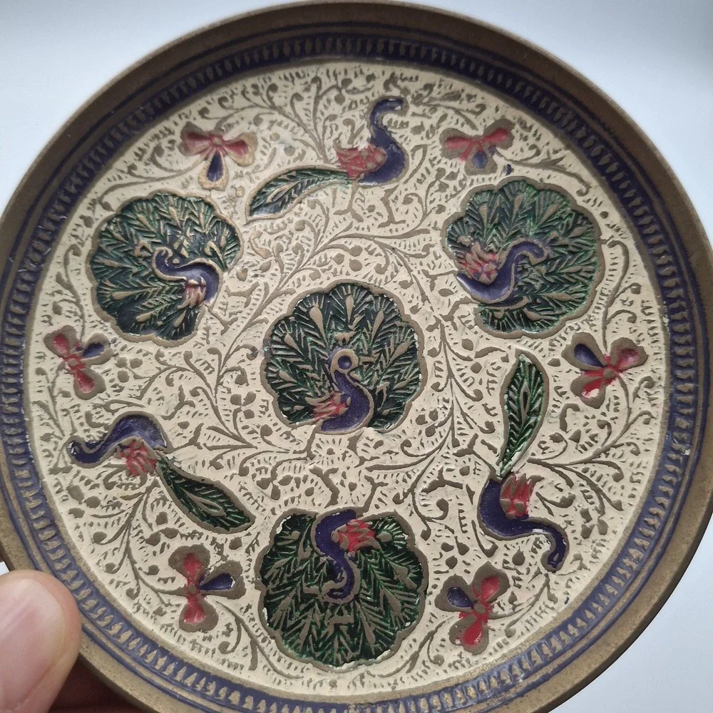 Vtg Hand-Etched Brass Trinket Plate Enamel Peacock Pheasant Floral 4